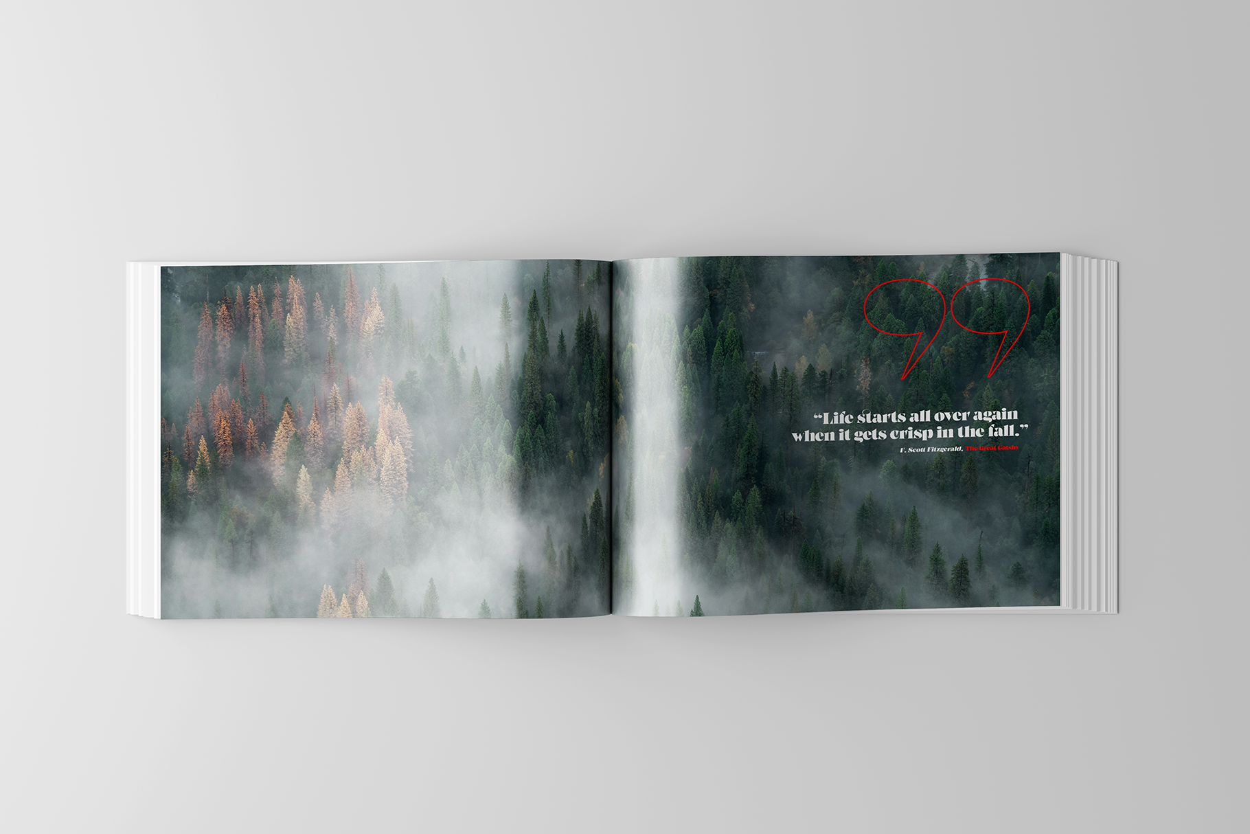 Open landscape photo spread with misty forest trees quotation text overlay