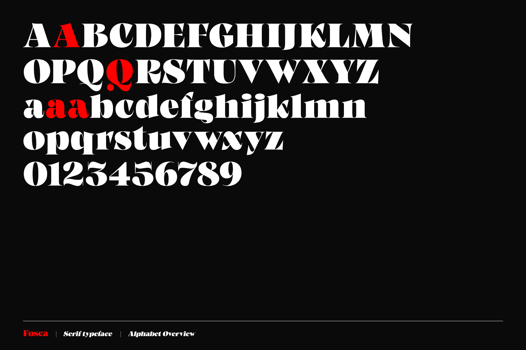 Fosca serif font alphabet showing uppercase, lowercase, numbers with red accents