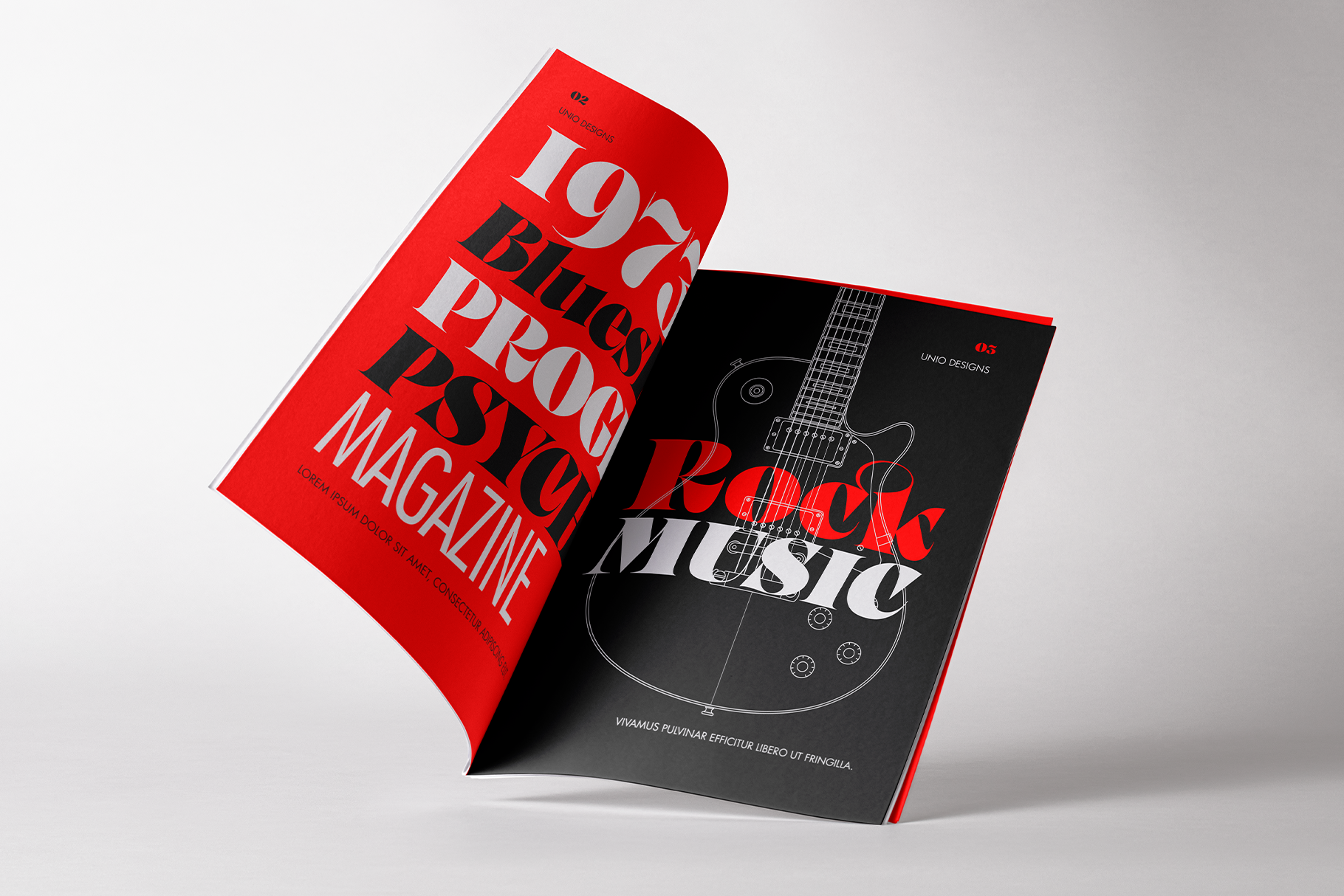 Red music magazine mockup with guitar line illustration on cover