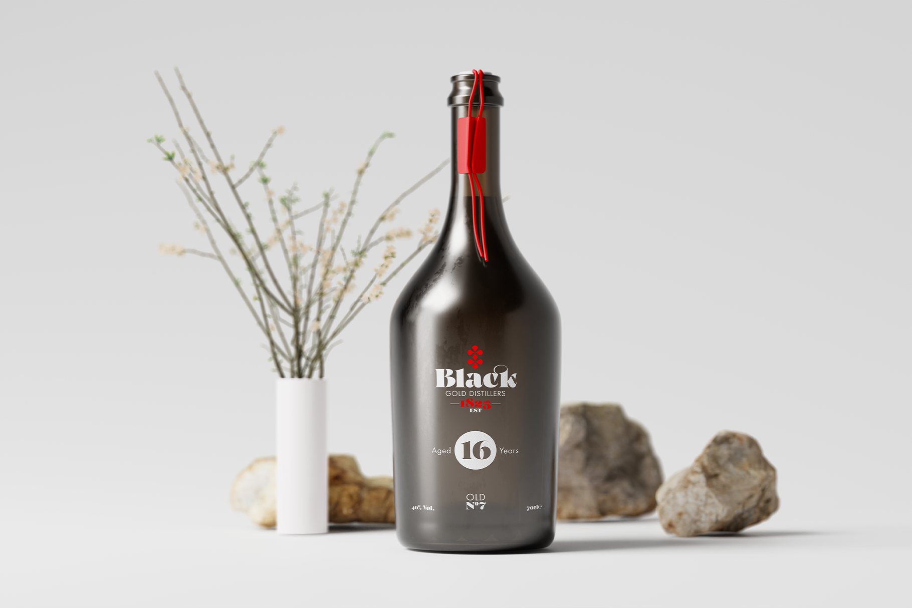 Dark bottle with Black Gold Distillers label showing Fosca serif font with red accent