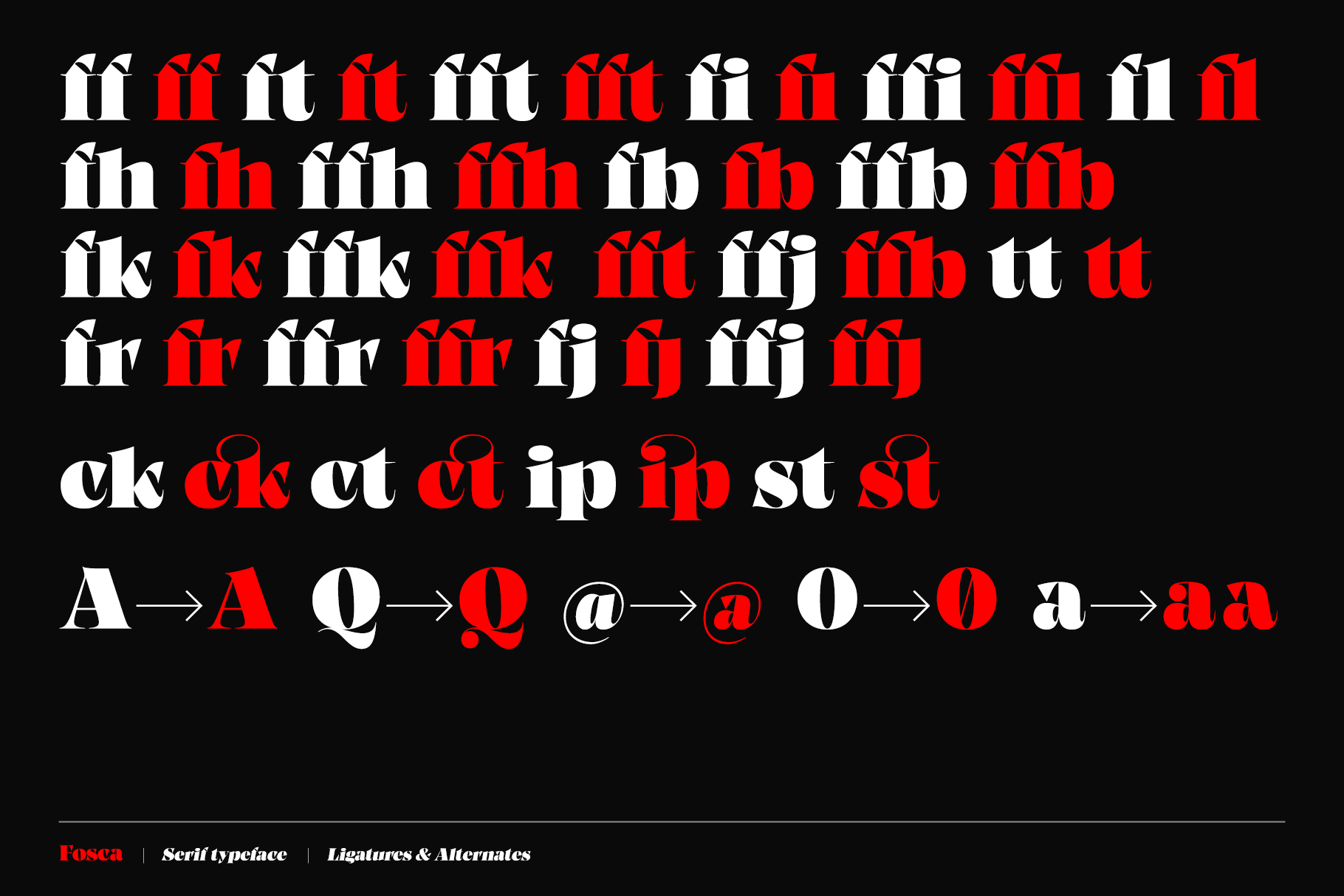 Fosca serif font showing ligatures alternates in red white pattern on black background
