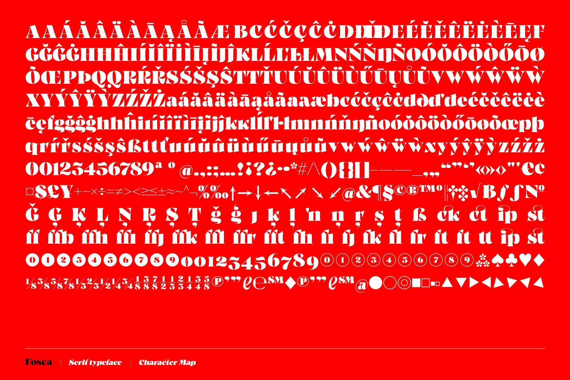 Fosca serif typeface character map displaying full alphabet, symbols, accents on red