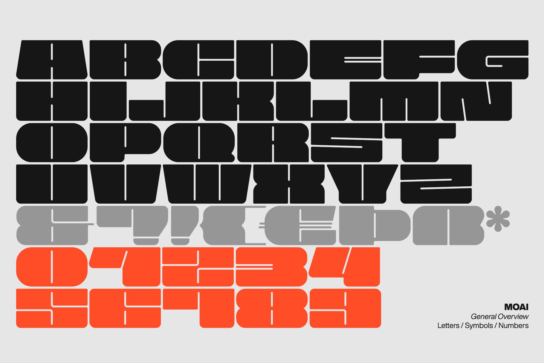 MOAI font character set overview showing letters symbols numbers in black gray orange