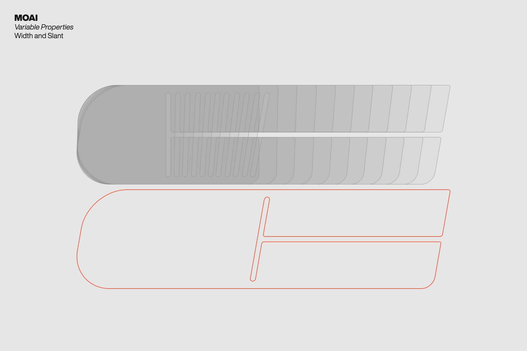 MOAI font variable width demonstration with gray filled outline versions