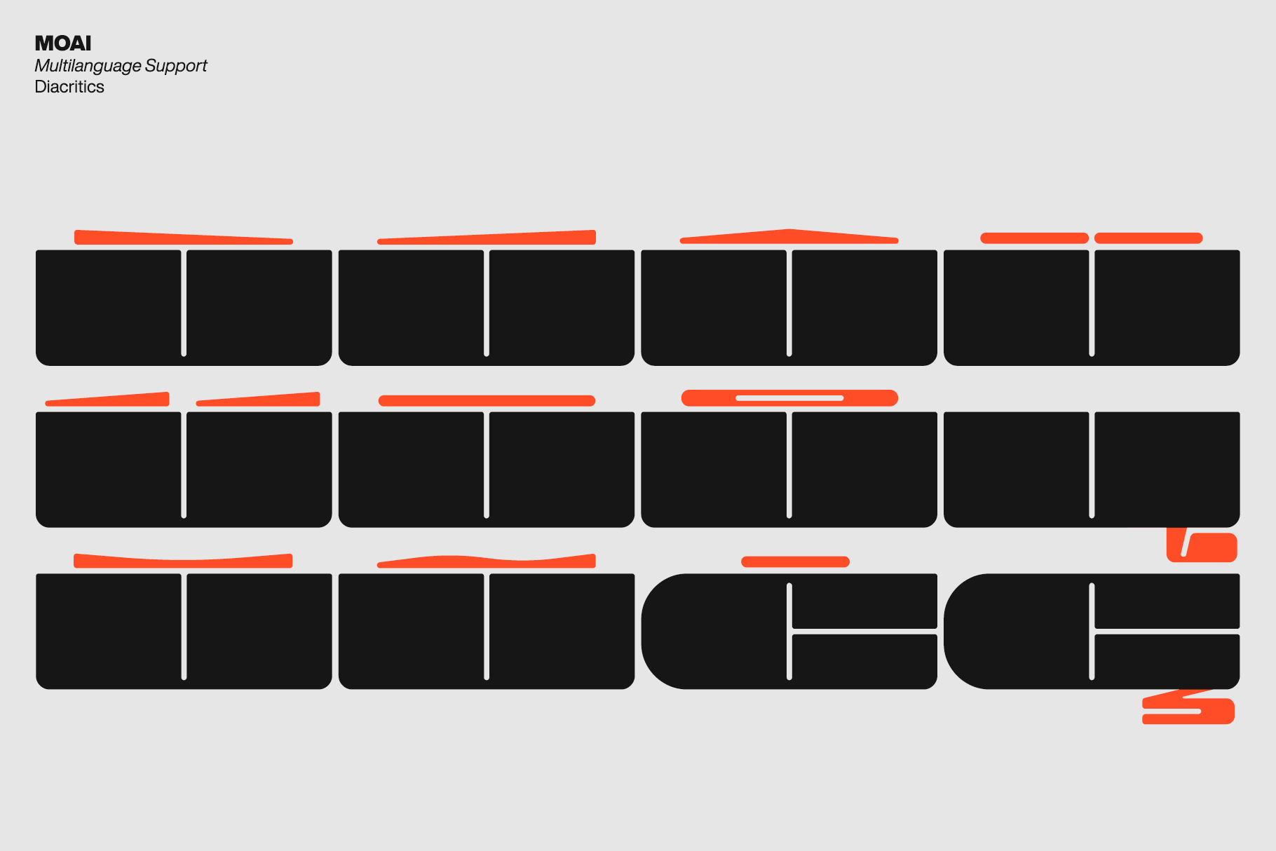 MOAI typeface diacritic marks shown in red over black rounded rectangles