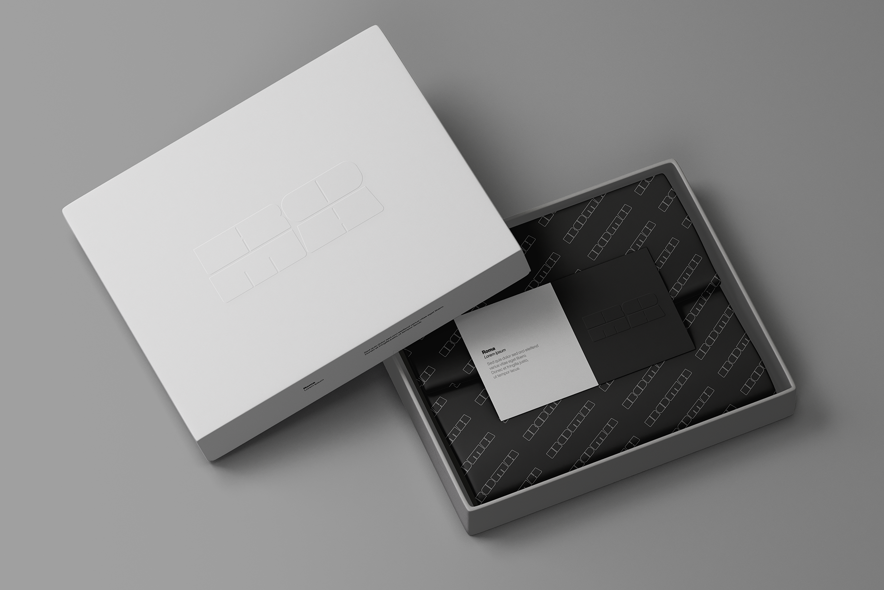 Packaging box mockup with business cards, letterhead, pattern inside