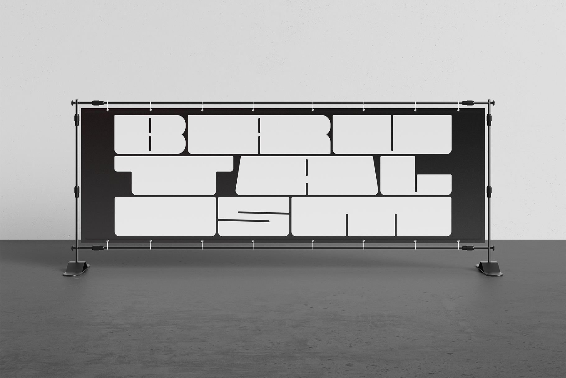 Banner stand mockup with modular letterforms on black panel display