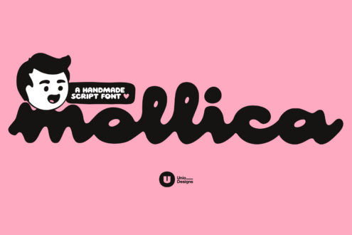 Handmade wavy script font with cute character illustration on bright pink