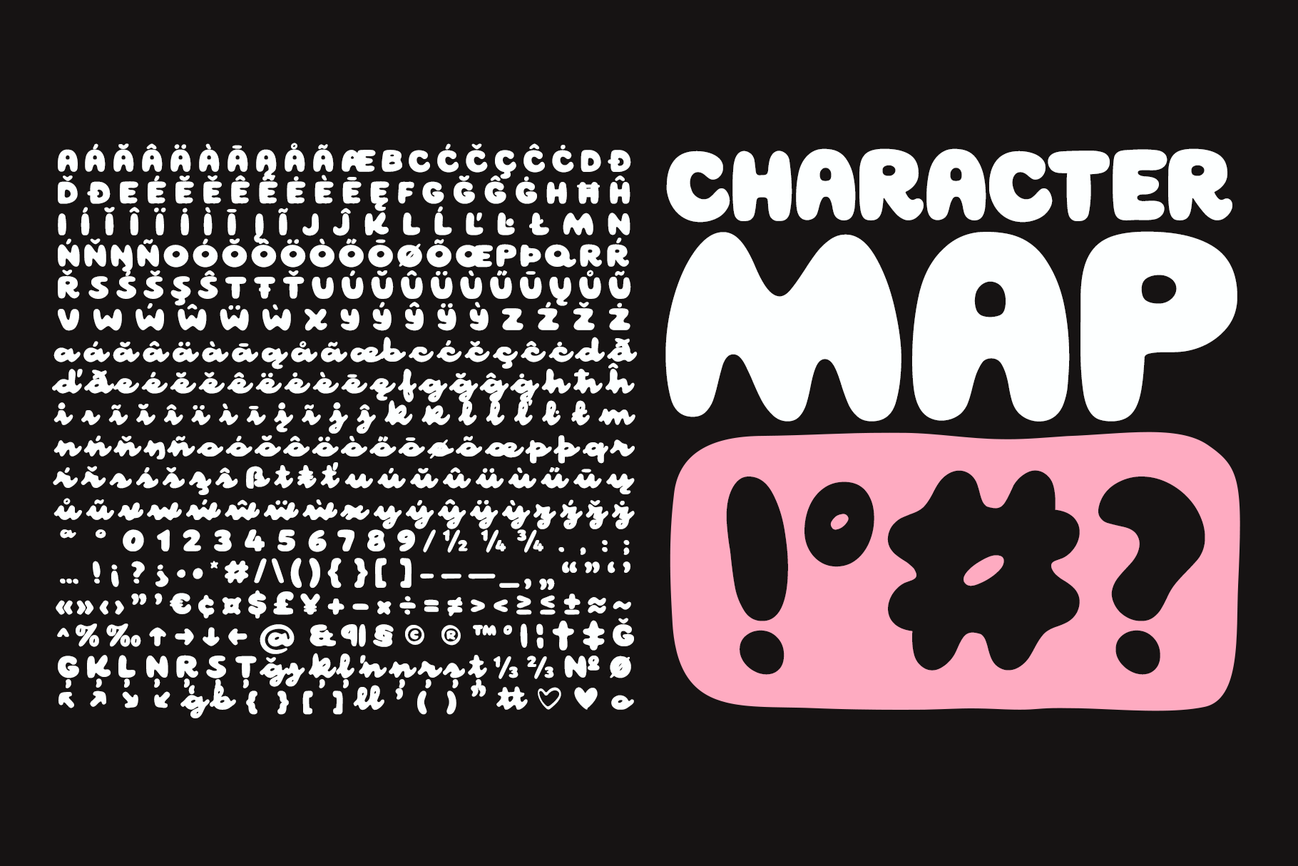Character map font display showing full alphabet, numbers, symbols in pink box