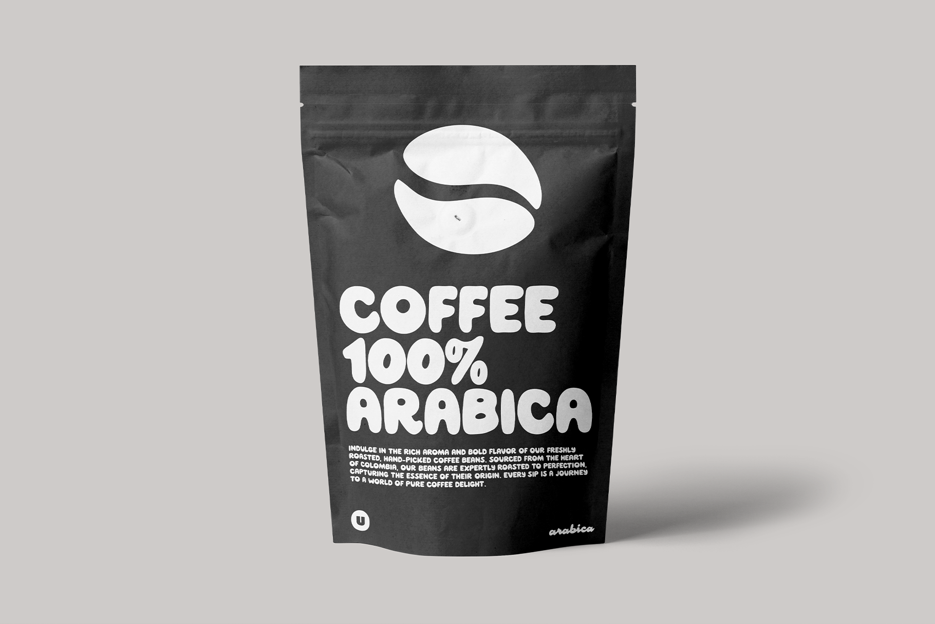 Black coffee pouch mockup with white bean logo, 100% Arabica text