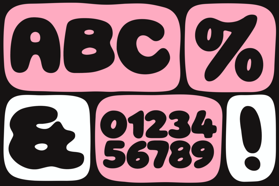 Chunky rounded display font showing uppercase lowercase numbers in pink black