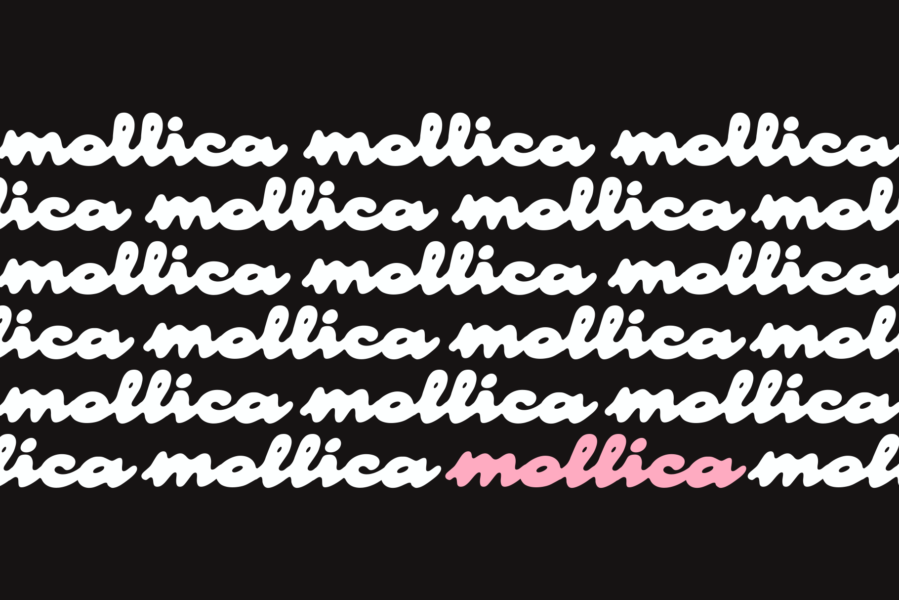 Mollica italic font repeated in white text with one word highlighted in pink