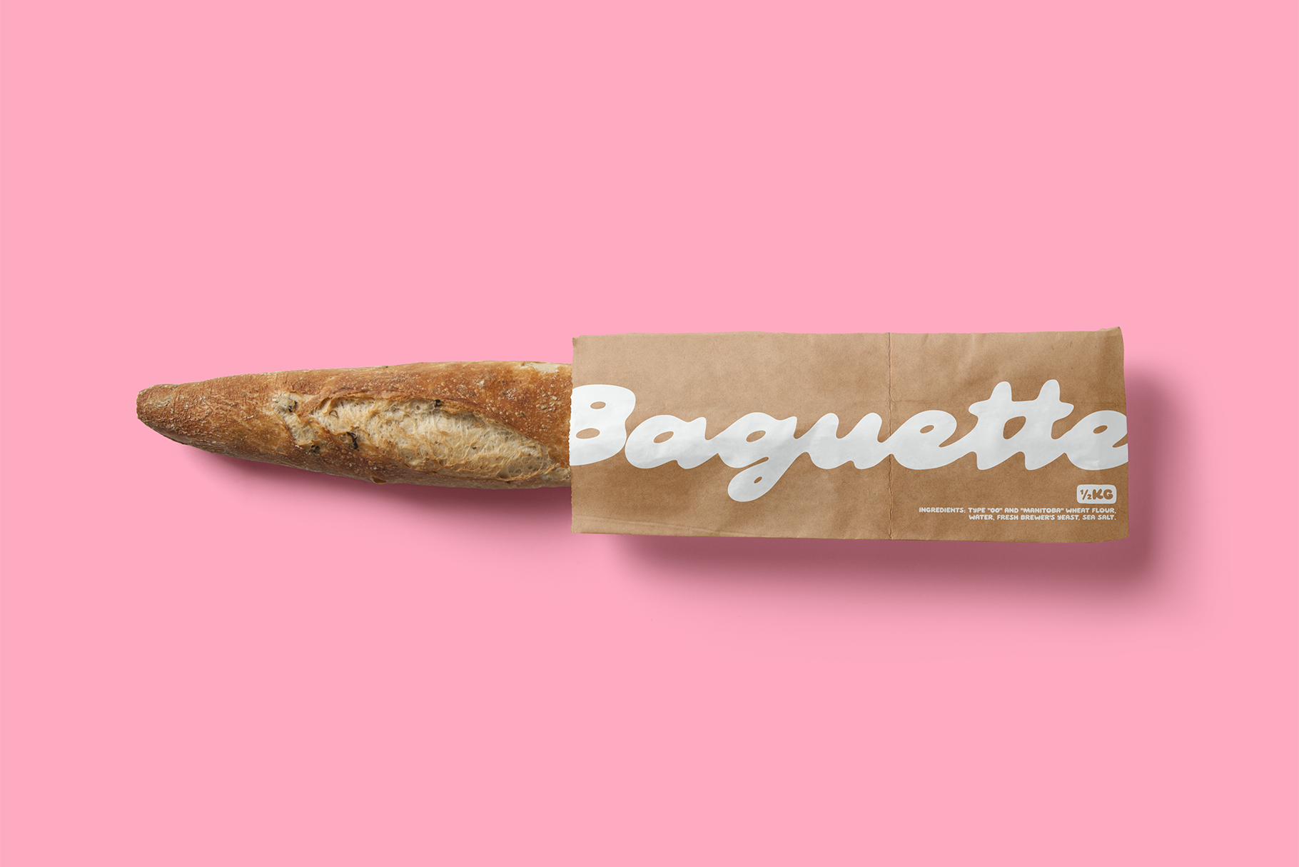 Kraft paper baguette wrapper mockup with white Baguette text on pink