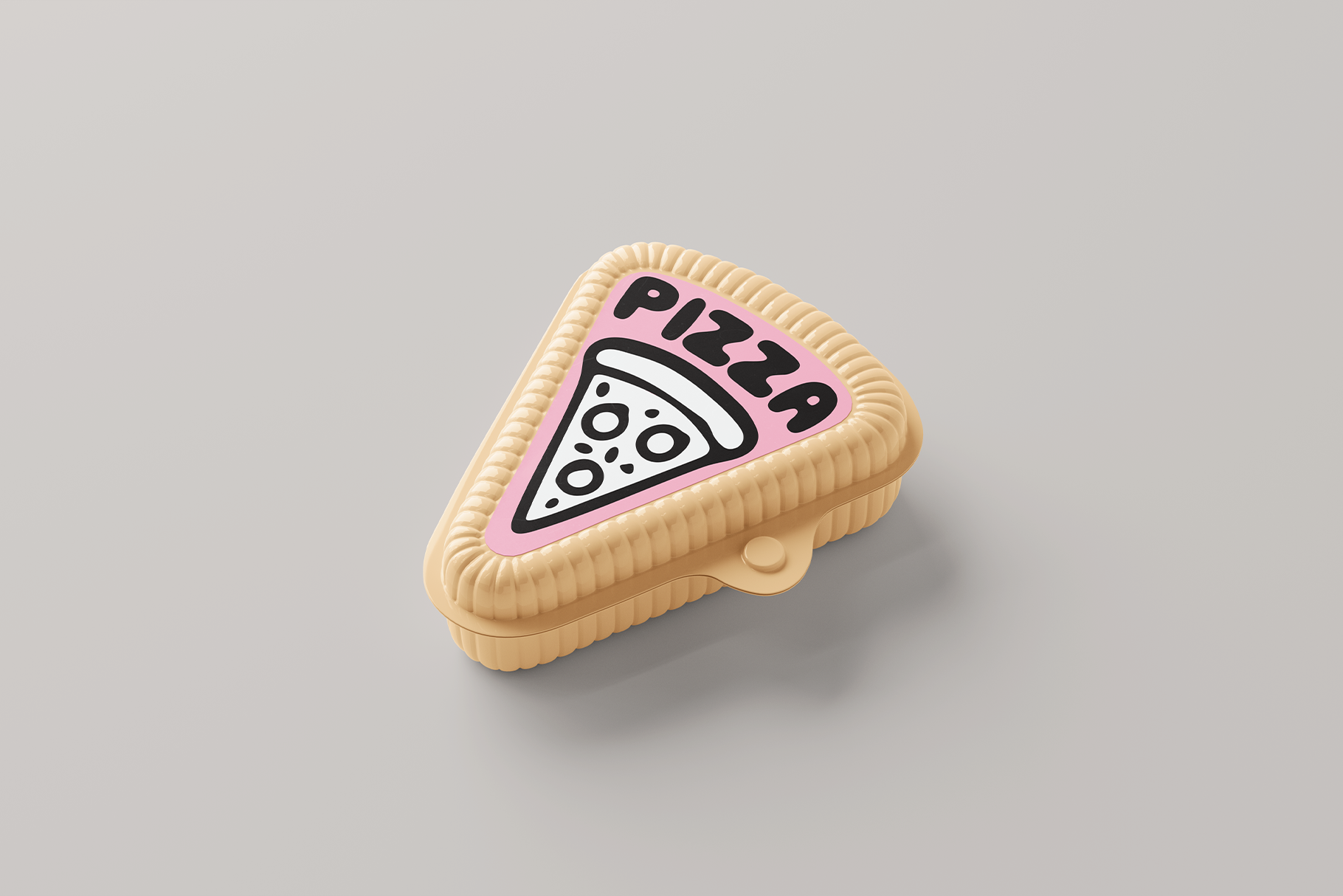 Beige pizza-shaped keychain mockup with pink label, black lettering