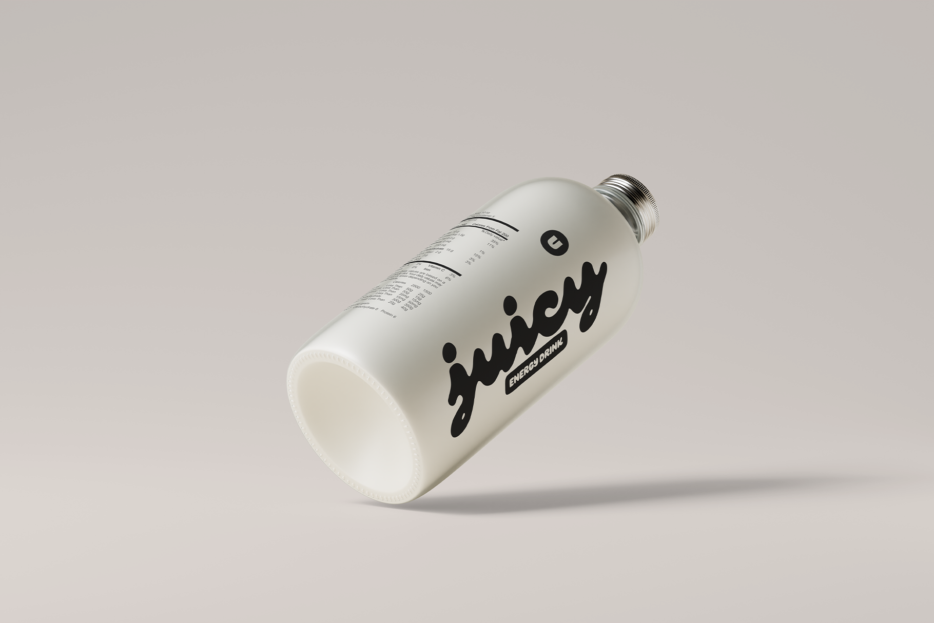 White energy drink bottle mockup tilted with black scripted logo