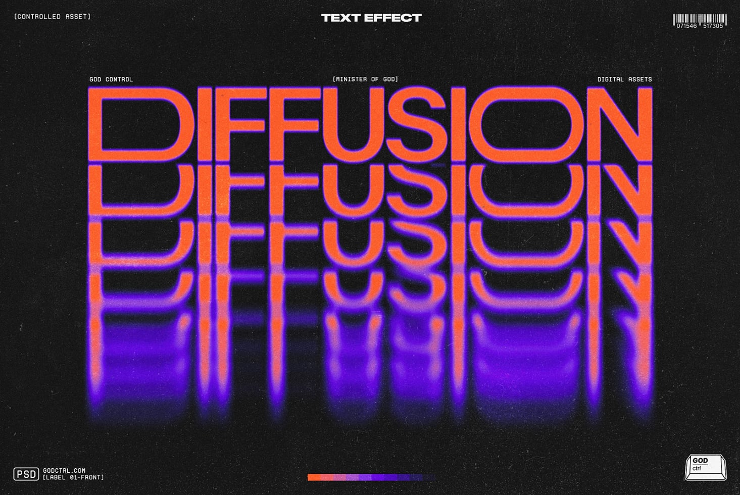 Neon orange text stacked repeatedly with blue glow effect on black grainy background