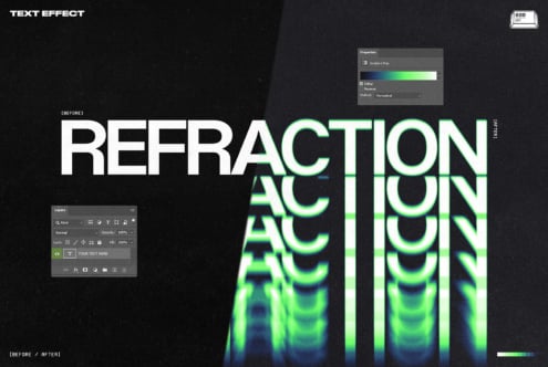 Photoshop interface showing refraction text effect before after with neon glow
