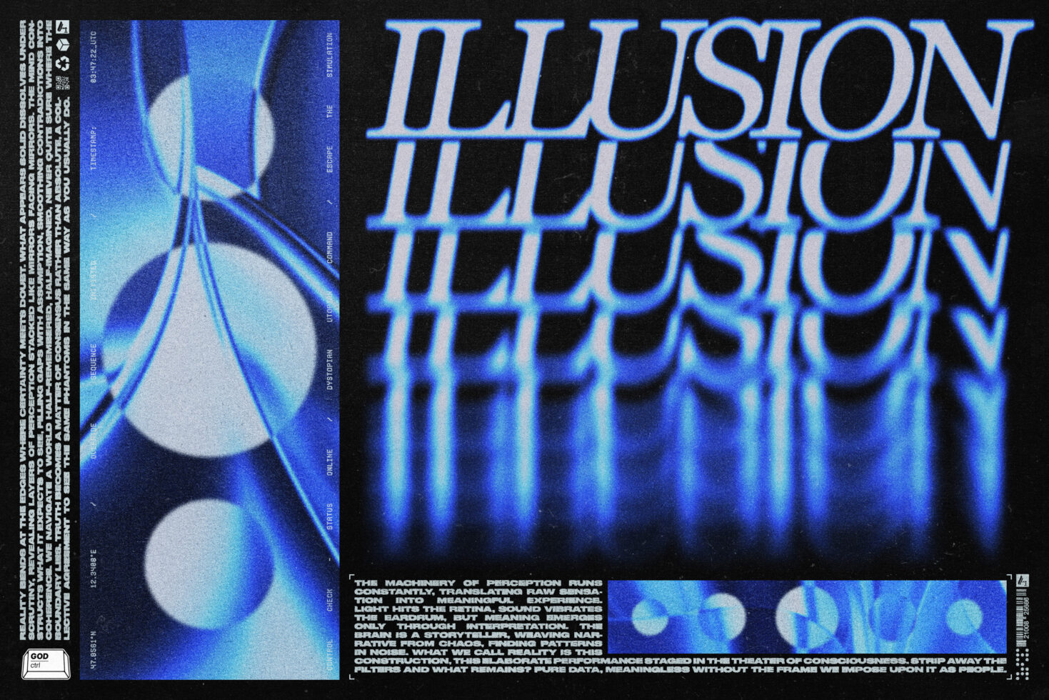 Blue holographic text effect illusion repeated on dark background with abstract shapes