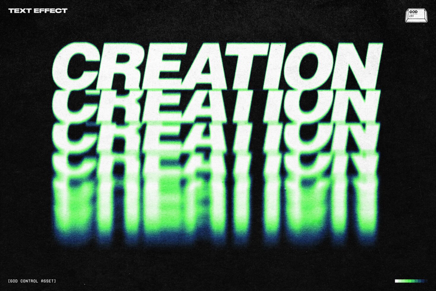 Neon green glowing text effect repeating creation word on dark background
