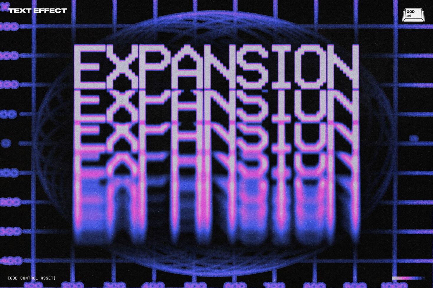 Neon purple pixel text effect repeating expansion with sci-fi grid background