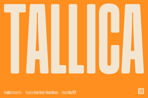 Oversized cream Tallica word on bright orange background, condensed variable font showcase