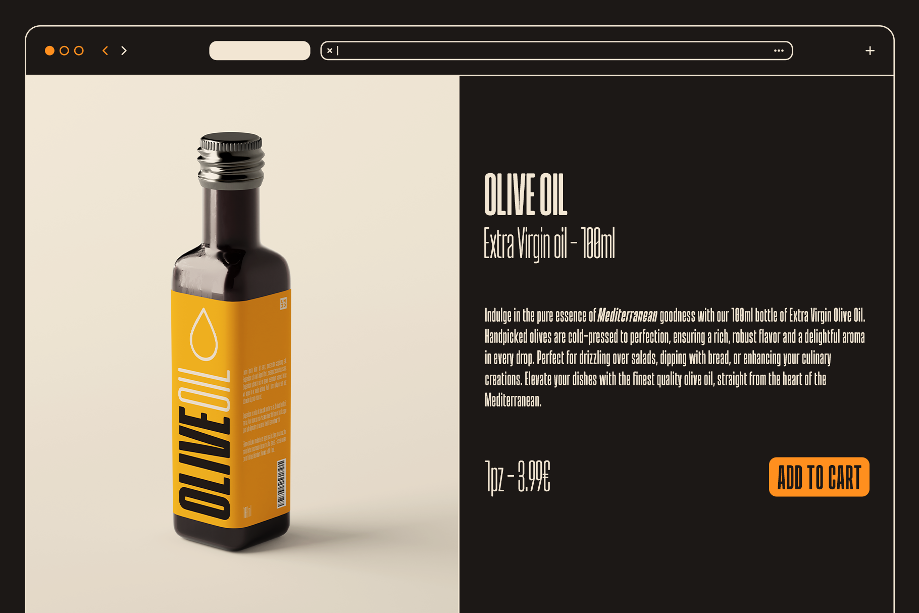Browser mockup showing olive oil bottle product page with dark theme, add to cart button