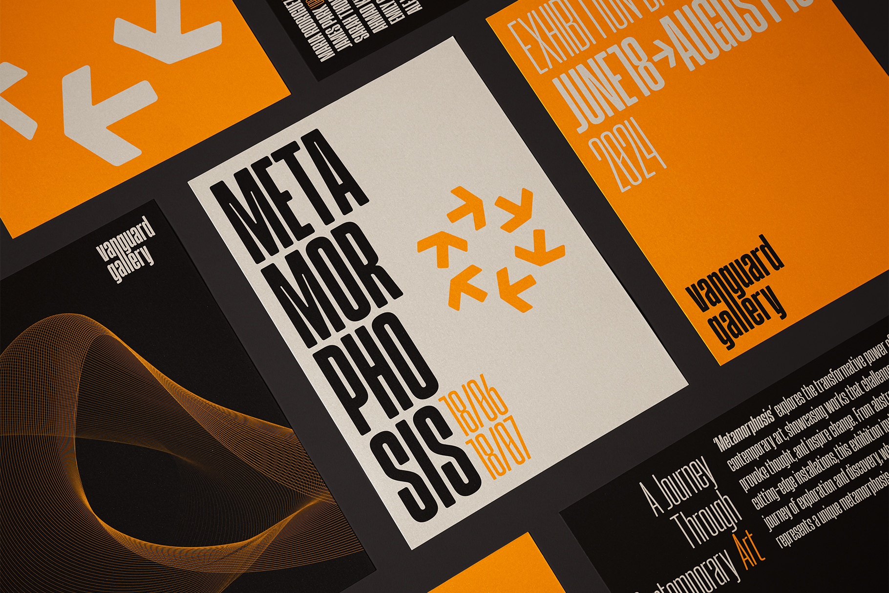 Orange, black, cream design mockup with posters, branding materials, geometric patterns