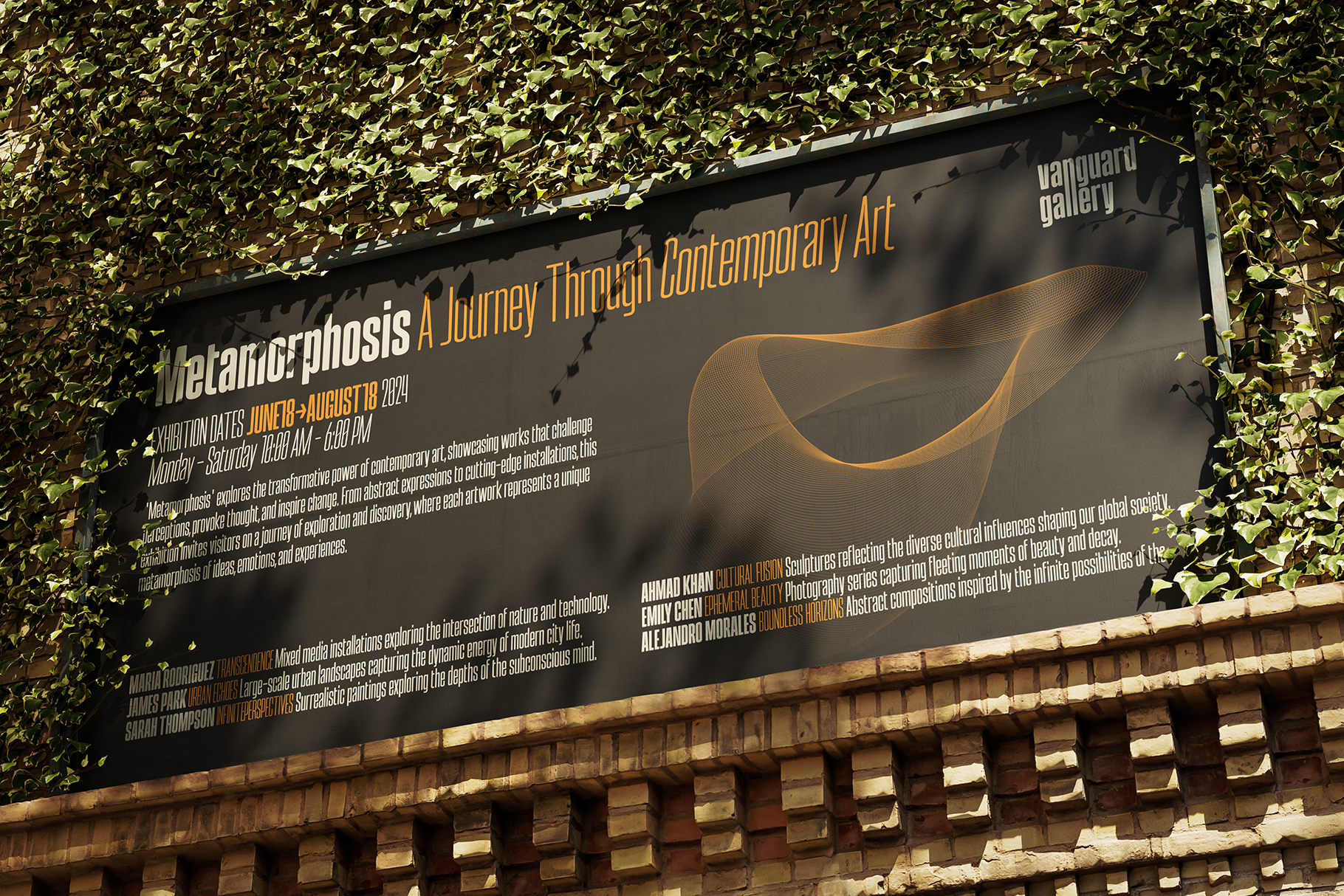 Outdoor exhibition poster for Metamorphosis A Journey Through Contemporary Art highlighting abstract installations at Vanguard Gallery.