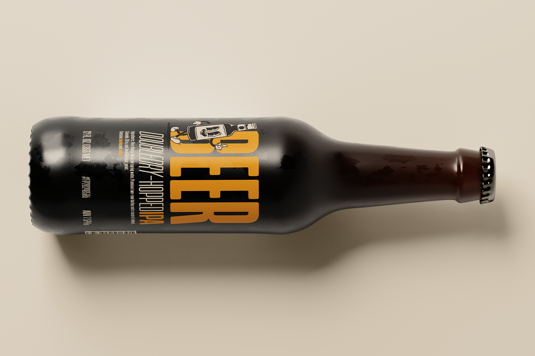 Dark beer bottle with orange Tallica label on cream background, product mockup