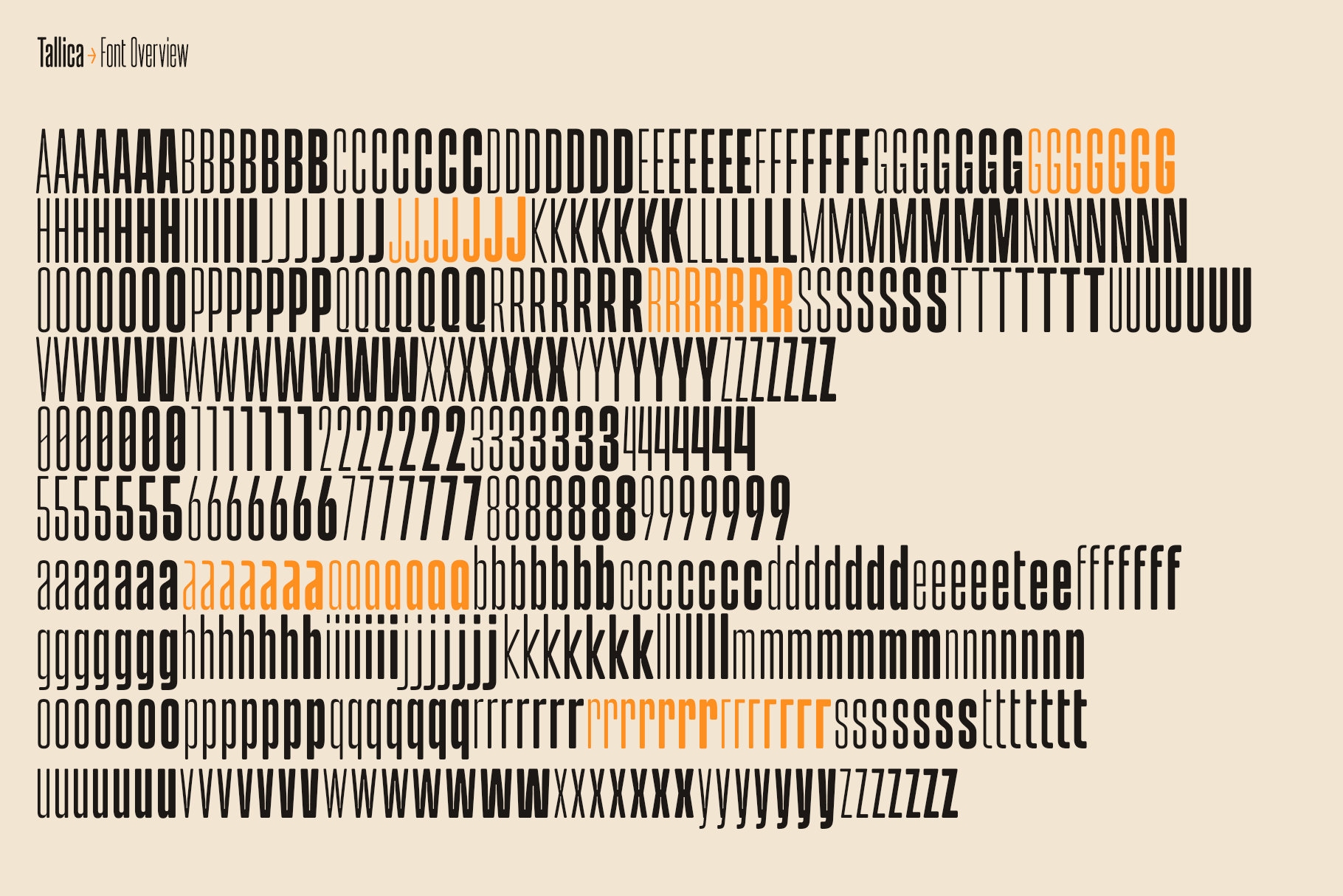 Complete Tallica character set showing all letters, numbers, symbols with orange highlights