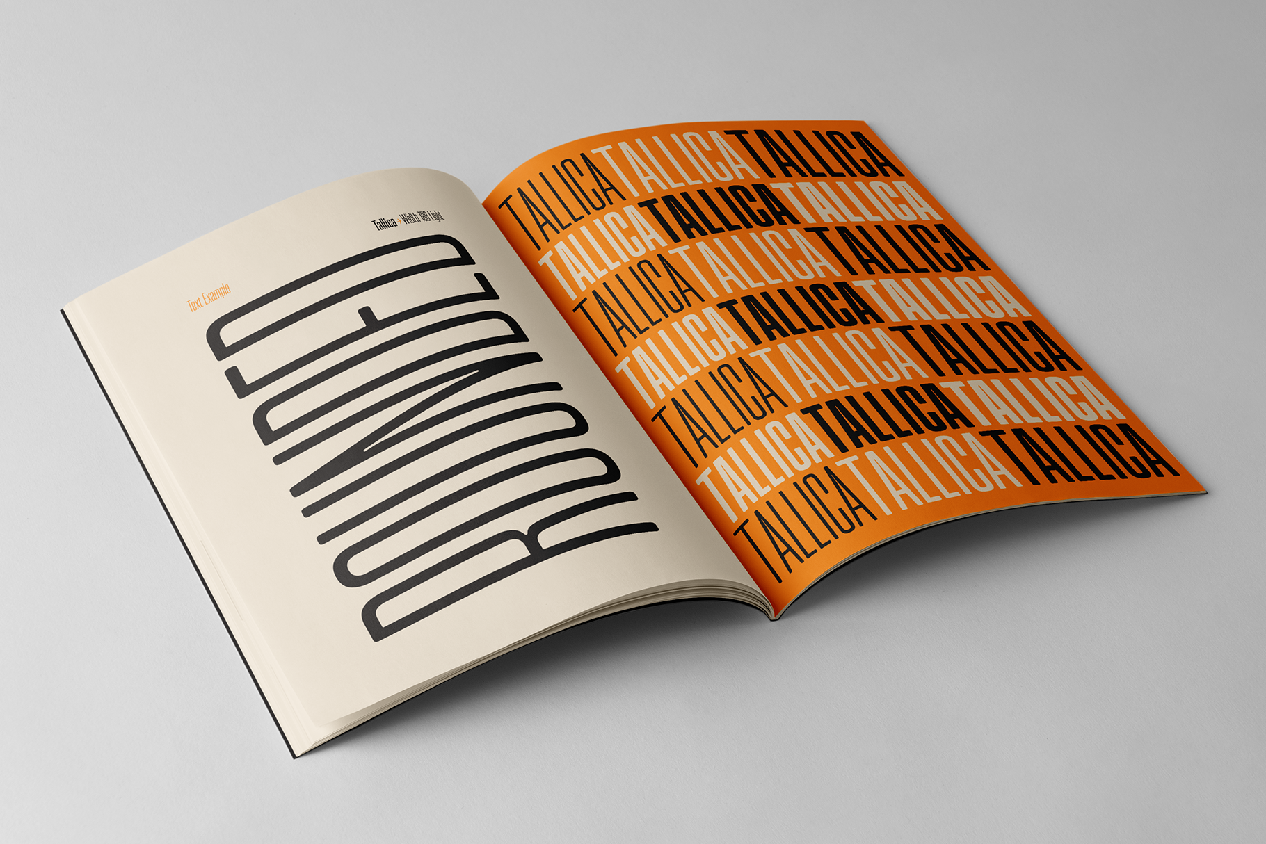 Open magazine spread showing Tallica font applied across cream page on left, bold orange right