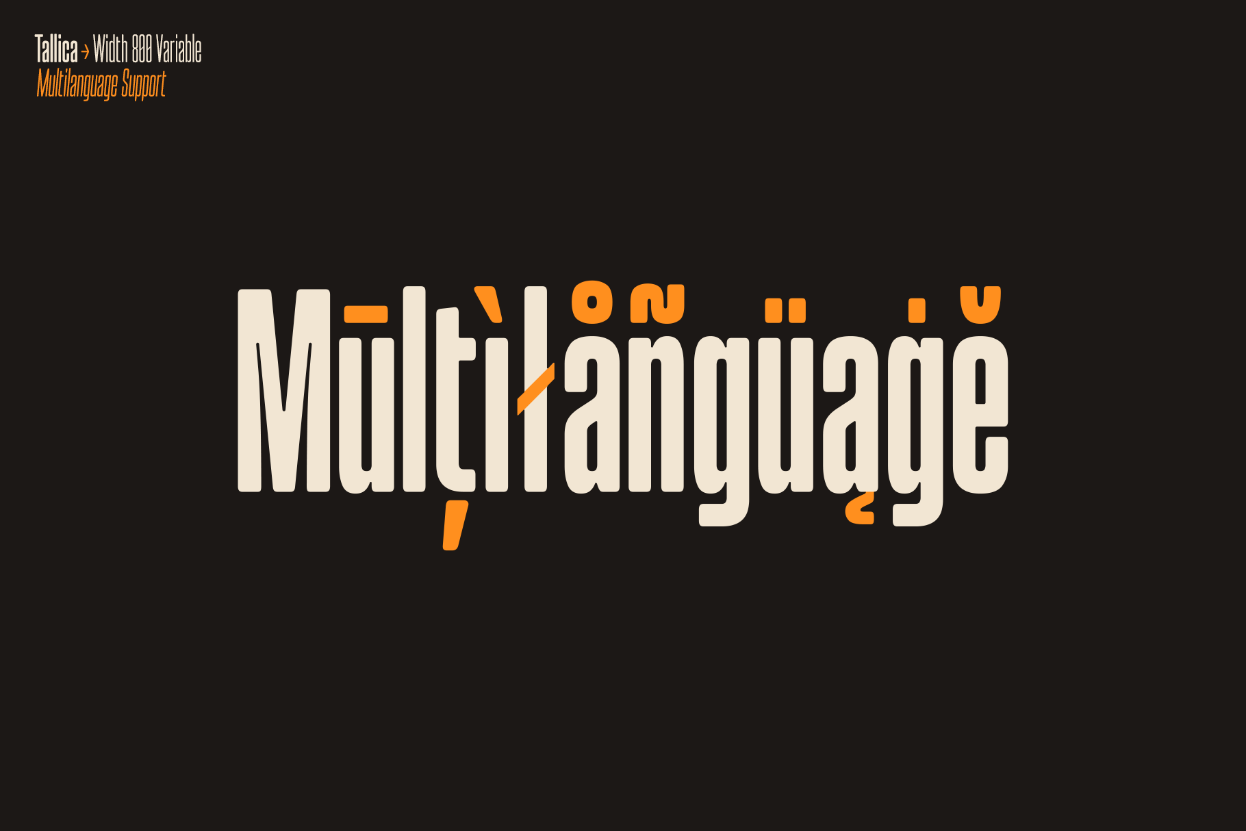 Tallica font name in cream with orange accents on black background showing multilanguage support