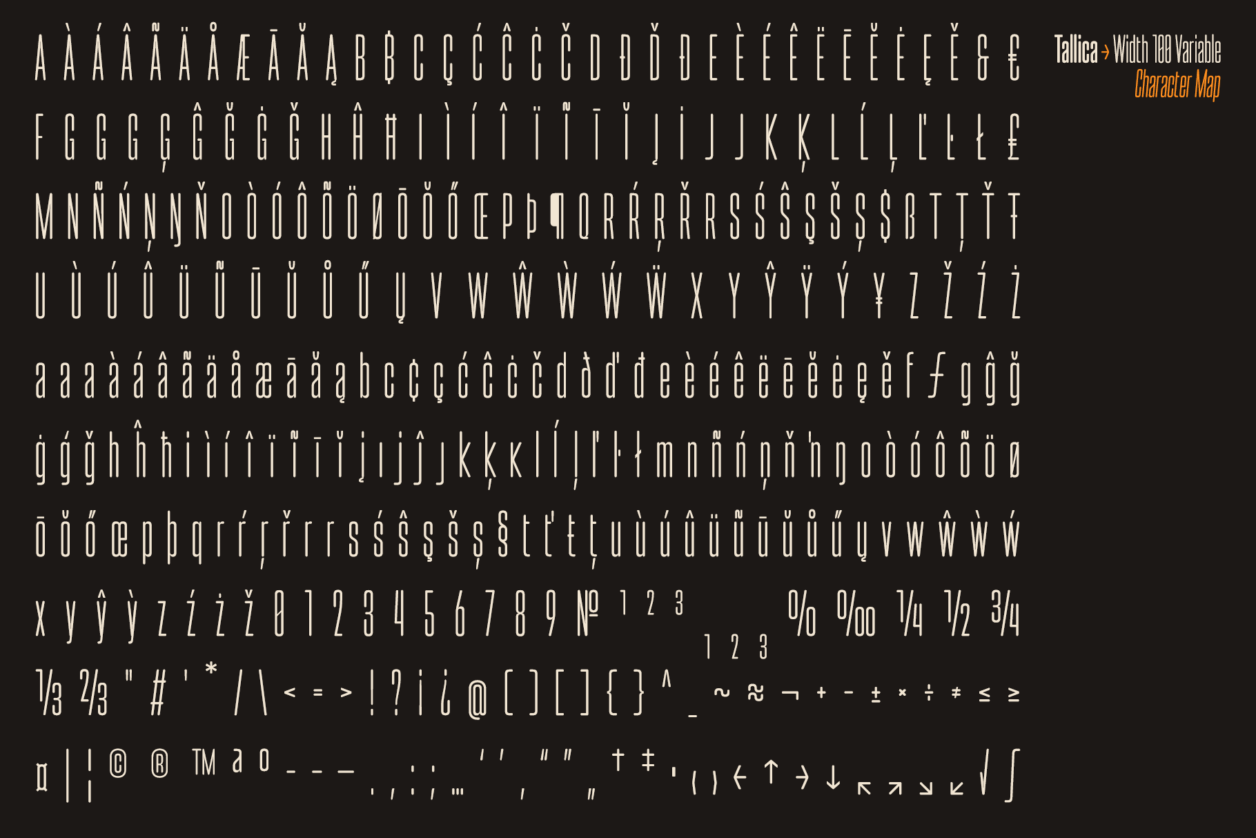 Tallica Width 100 variable character map showing accents, diacritics, symbols, punctuation