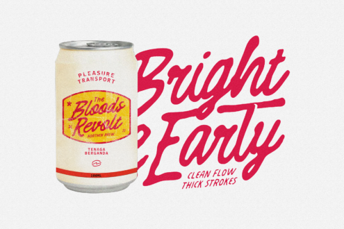 Cream can with red handwritten lettering styled beside bold script typography