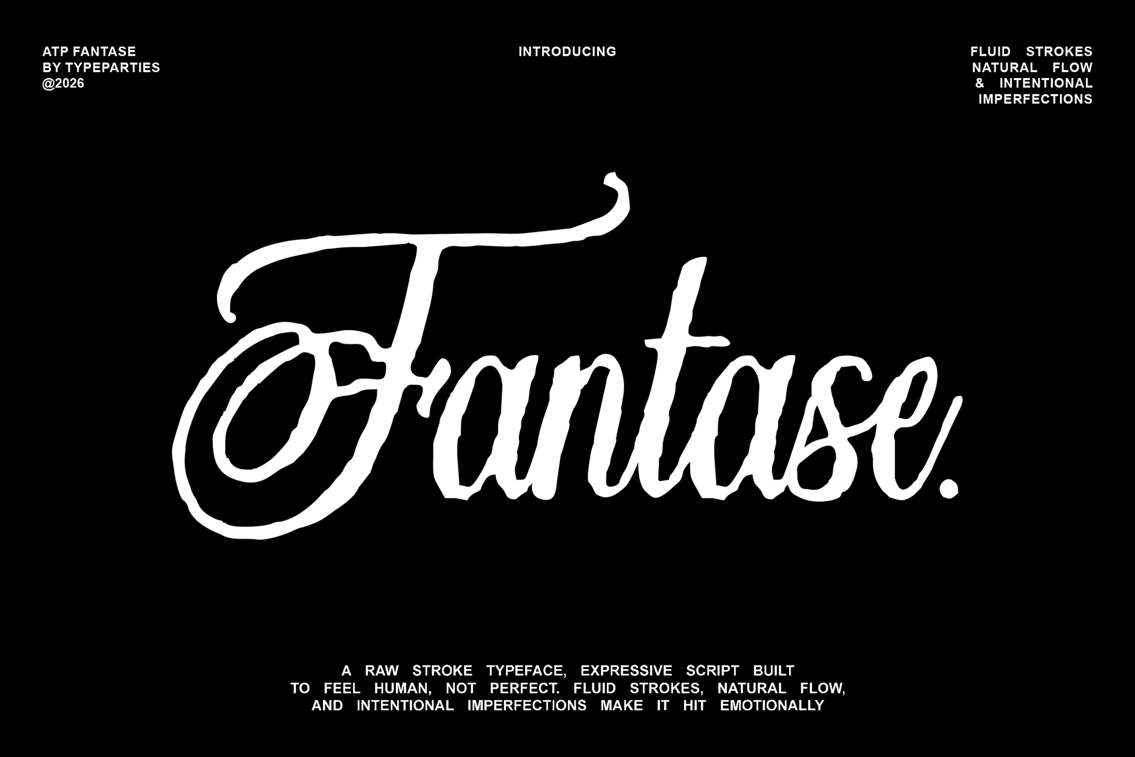 Fantase script typeface name in white outline stroke on black background