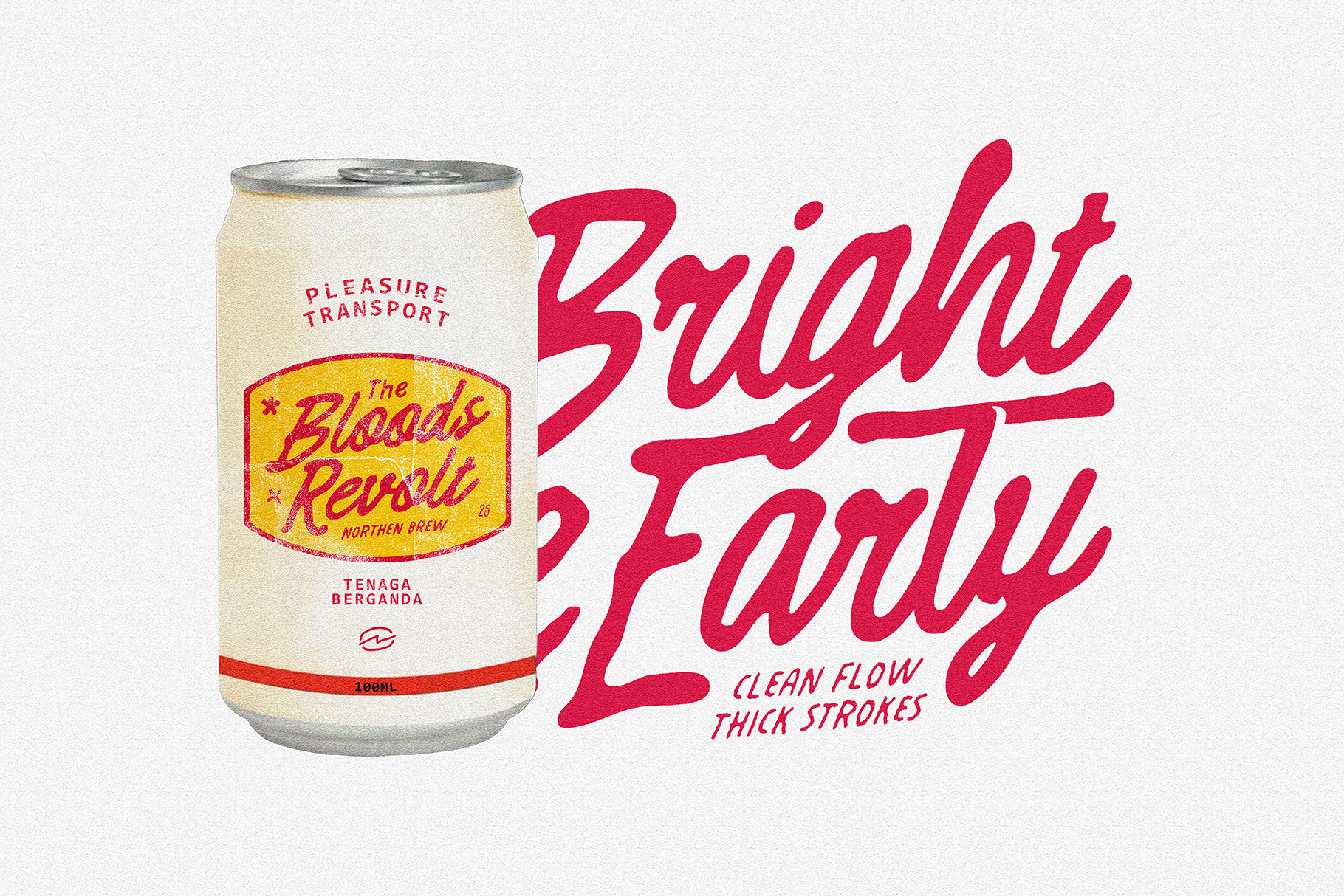 Cream can with red handwritten lettering styled beside bold script typography