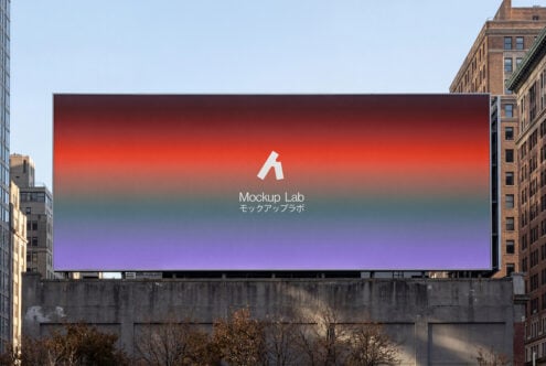 Large outdoor billboard displaying Mockup Lab branding with red to purple gradient