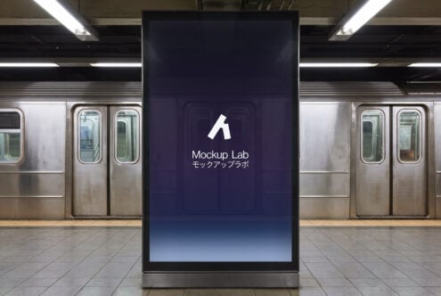 Metro platform digital display mockup flanked by parked subway cars