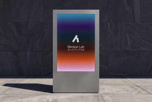 Public display kiosk with vibrant gradient screen in urban setting