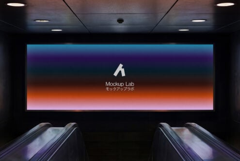 Escalator tunnel billboard showing vibrant gradient on bright display