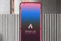 Hot pink phone mockup with gradient screen on concrete wall backdrop