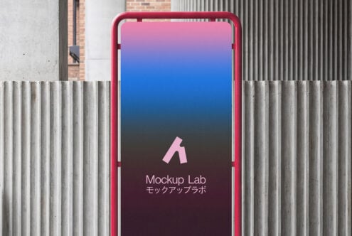 Hot pink phone mockup with gradient screen on concrete wall backdrop