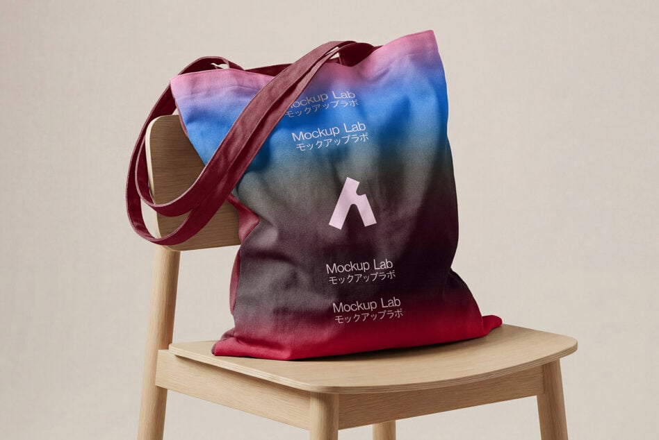 Gradient tote bag with pink to blue ombre displayed on wooden chair