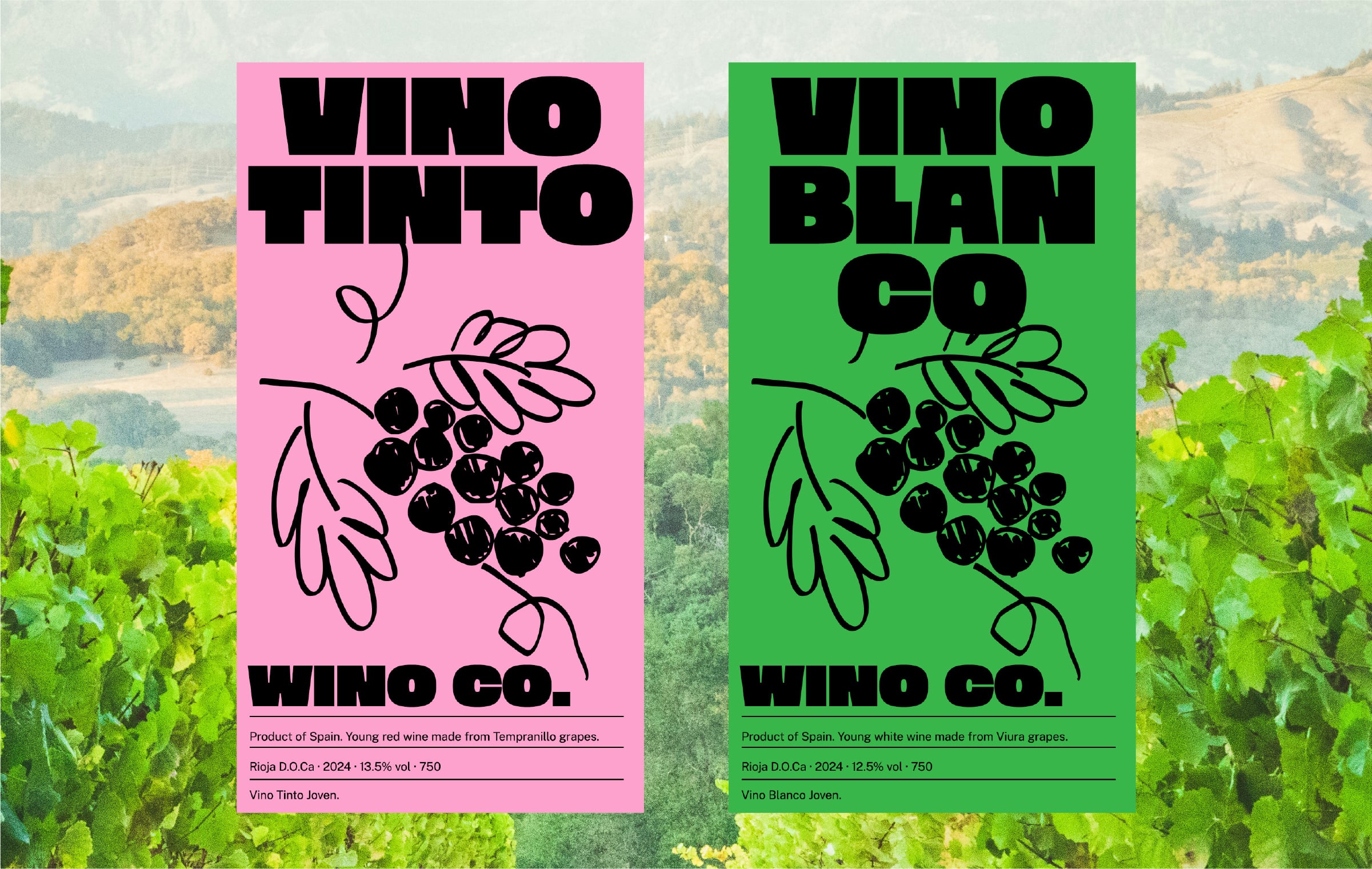 Two wine label designs pink tinto, green blanco with grape cluster illustration