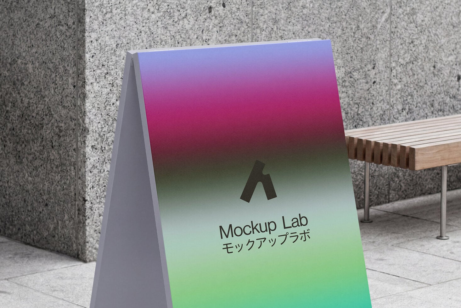 A-frame sign with purple pink blue gradient fading to green on patio