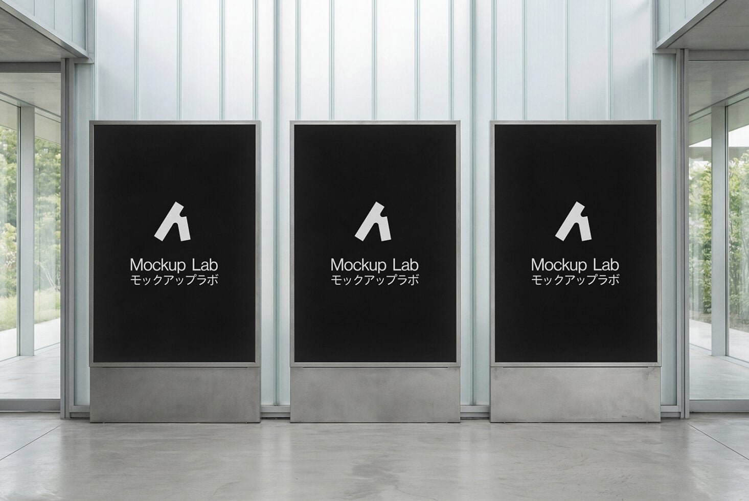 Three large black digital signage panels in minimalist glass storefront setup