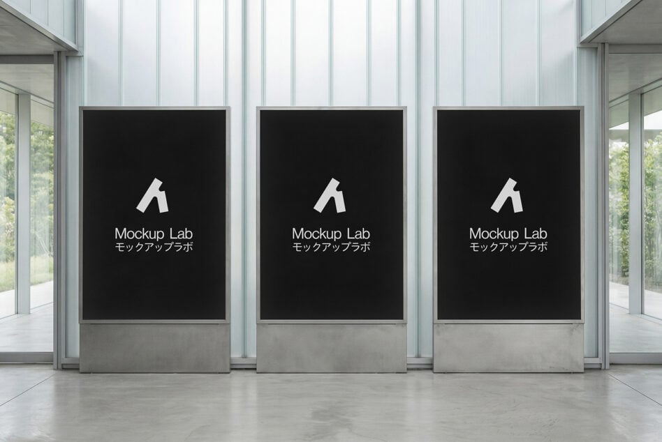 Three large black digital signage panels in minimalist glass storefront setup