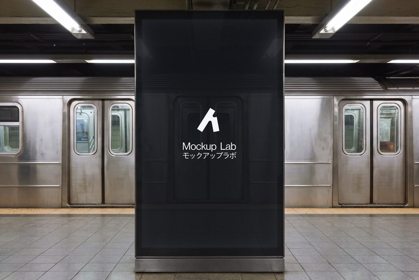 Underground transit kiosk mockup centered between departing trains