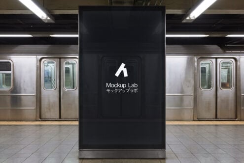 Underground transit kiosk mockup centered between departing trains