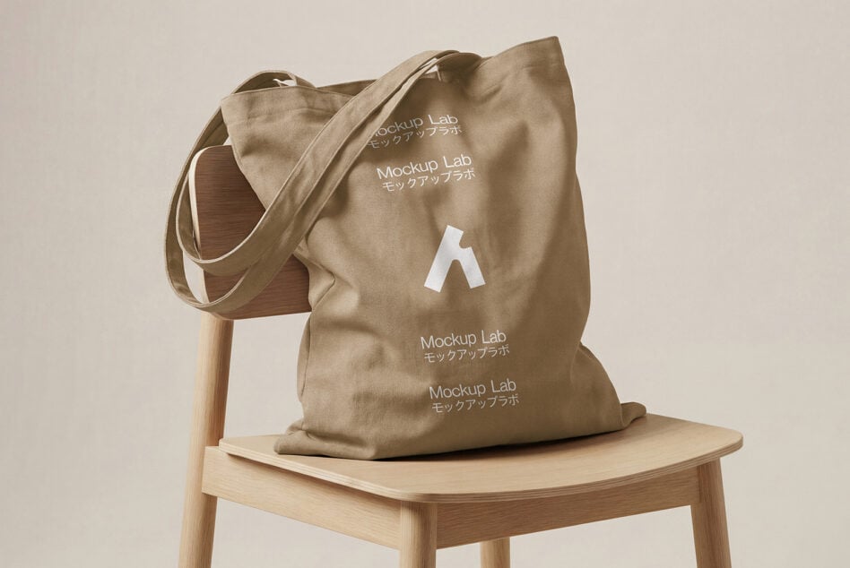 Natural canvas tote bag on wood chair displaying Mockup Lab logo in white text